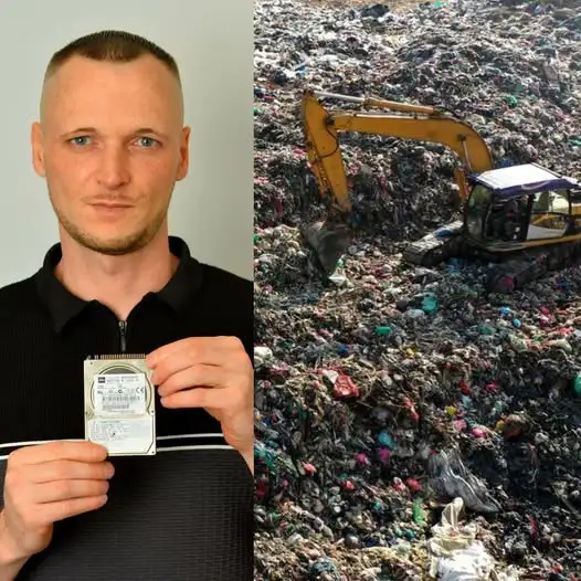A composite image illustrating a key moment in bitcoin nostalgia. The left side shows James Howells holding a small hard drive. The right side is an aerial view of a massive, trash-filled landfill with a yellow excavator working.