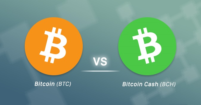 A comparison graphic for Bitcoin nostalgia showing the orange Bitcoin (BTC) logo versus the green Bitcoin Cash (BCH) logo, representing the 2017 hard fork.