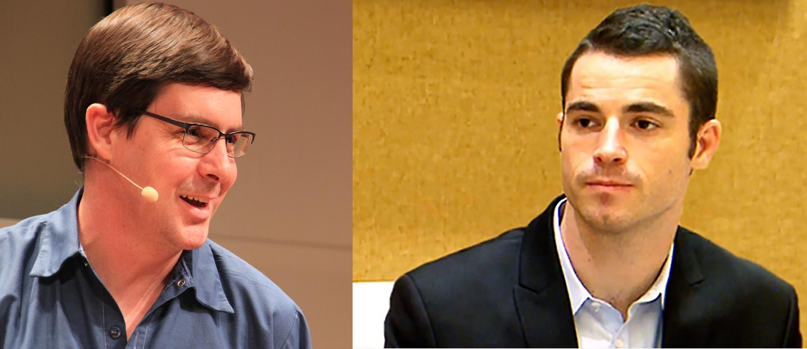 A side-by-side portrait of Gavin Andresen and Roger Ver, key figures in the history of Bitcoin nostalgia and the debate over the blocksize limit.