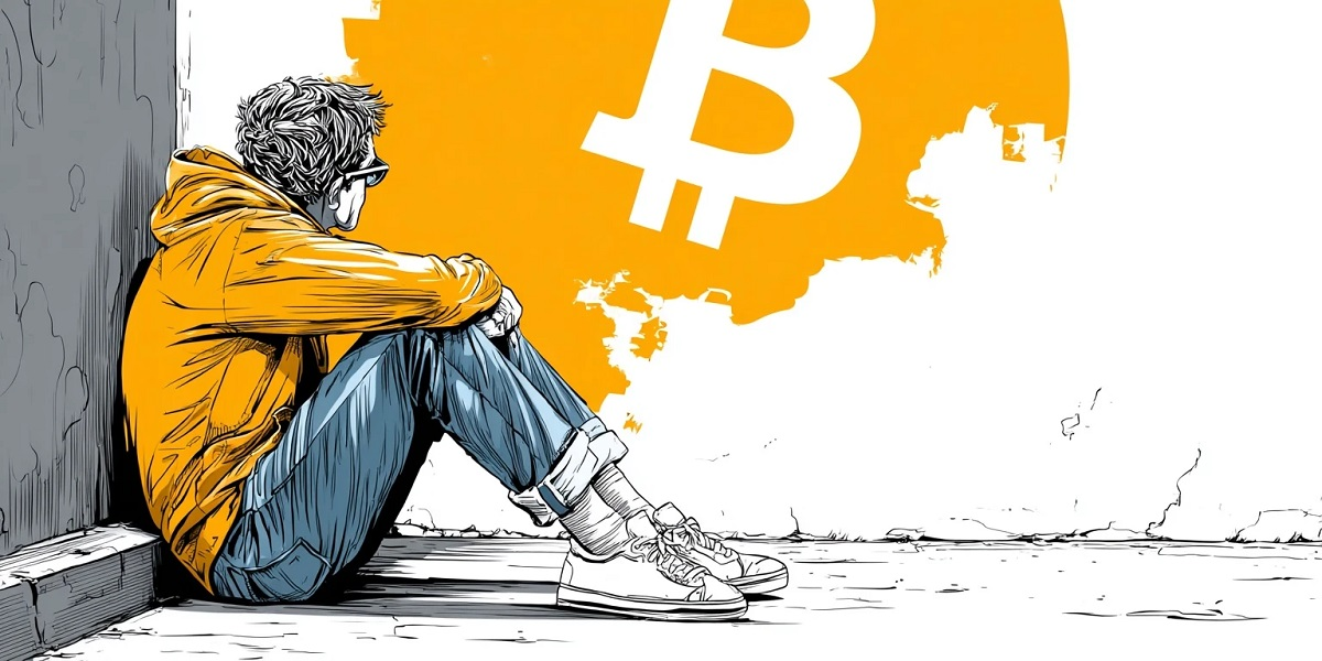 A reflective illustration of a person sitting against a wall looking at a large Bitcoin symbol, representing Bitcoin nostalgia and the emotional journey from its early days to peak value.