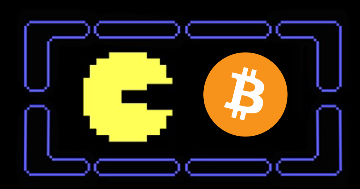 A pixelated retro arcade character chasing a gold Bitcoin symbol inside a neon blue digital frame, representing Bitcoin nostalgia.