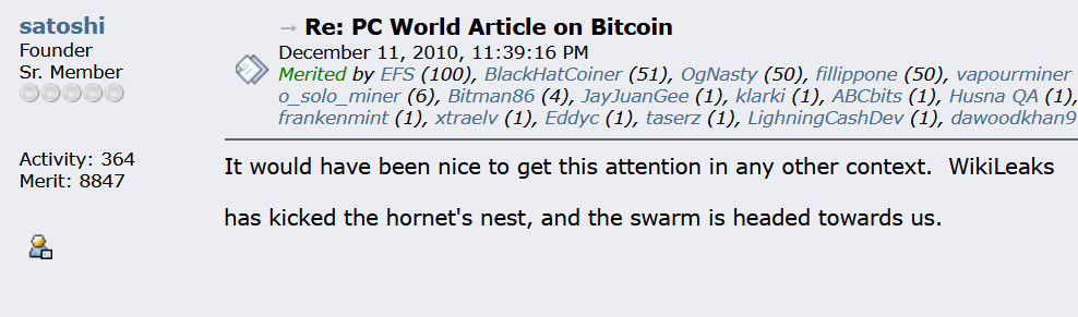 A screenshot of a 2010 Bitcointalk forum reply by Satoshi Nakamoto warning that WikiLeaks had kicked the hornet's nest.