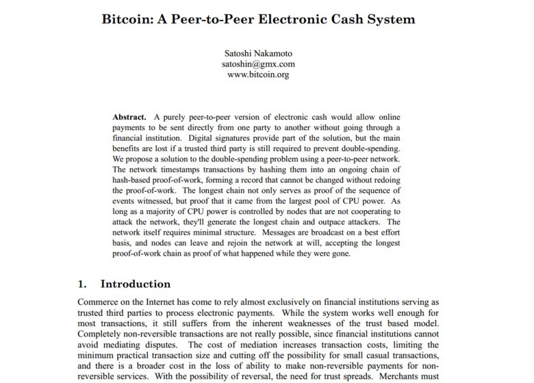 A screenshot of the first page of the 2008 Bitcoin whitepaper titled 'A Peer-to-Peer Electronic Cash System' by Satoshi Nakamoto.