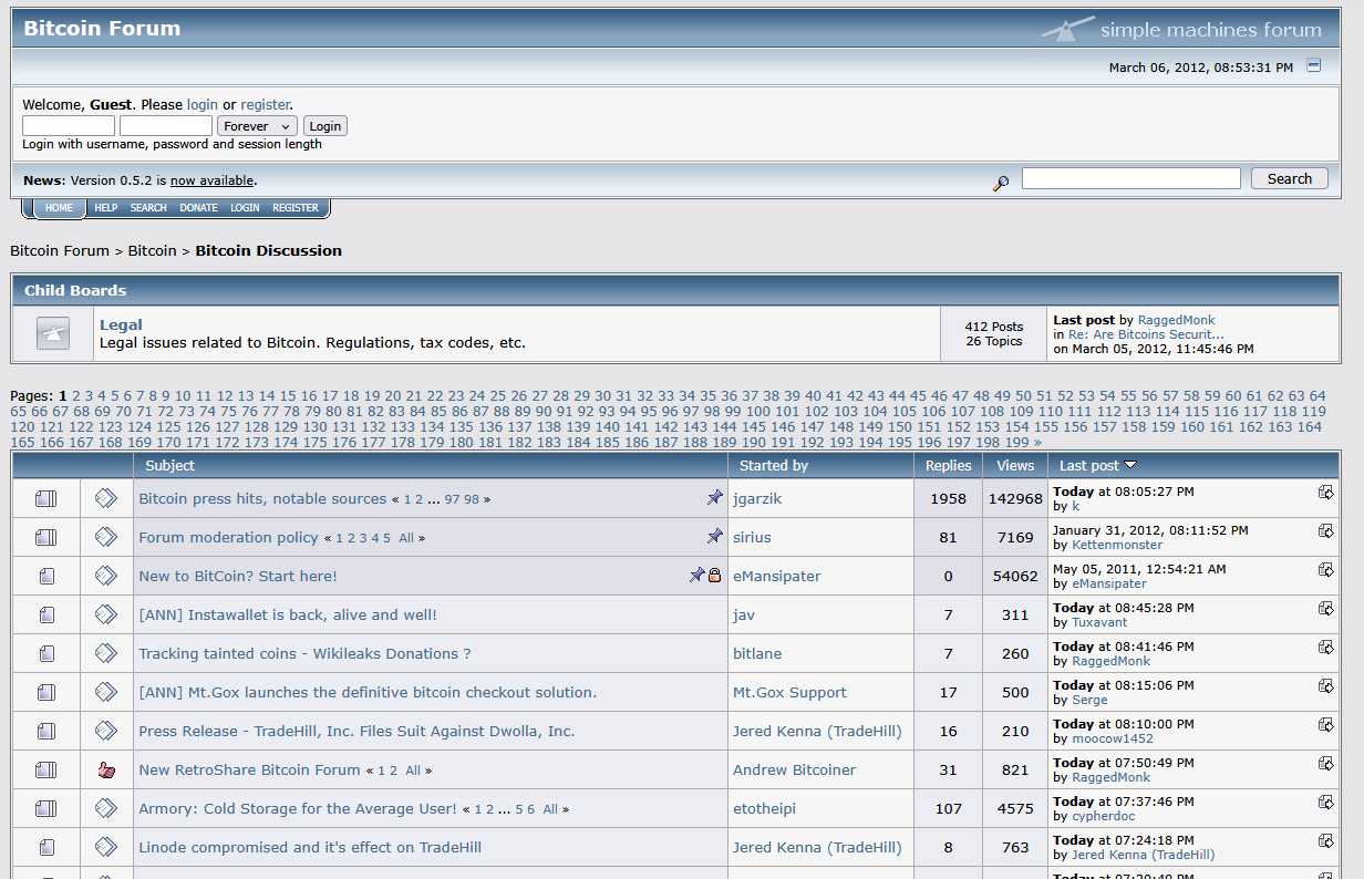 A classic screenshot of the Bitcointalk forum from March 2012, showing early discussion topics about Mt. Gox, Armory cold storage, and Wikileaks donations, evoking strong bitcoin nostalgia.