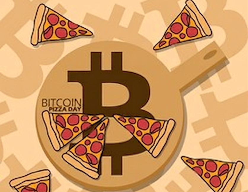 An illustration of pepperoni pizza slices over a Bitcoin symbol on a wooden board, representing Bitcoin nostalgia and the first real-world purchase.