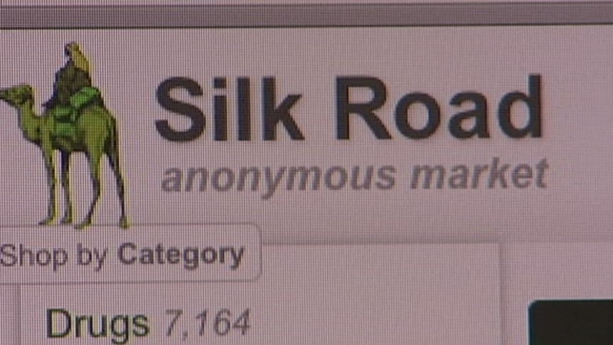 A close-up screenshot of the Silk Road anonymous marketplace logo and categories, a key historical site often associated with early bitcoin nostalgia and darknet history.