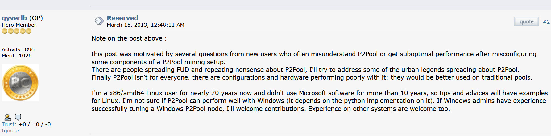 A screenshot of a 2013 Bitcointalk forum post by user gyverlb discussing P2Pool mining and addressing the spread of FUD in the early Bitcoin community.