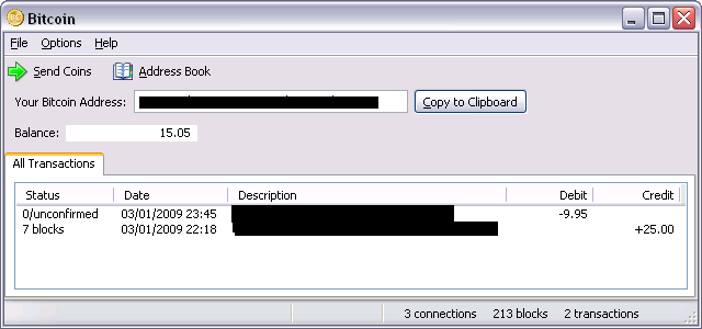 A screenshot of the original Bitcoin-Qt client showing transactions from March 2009 with a balance of 15.05 BTC.