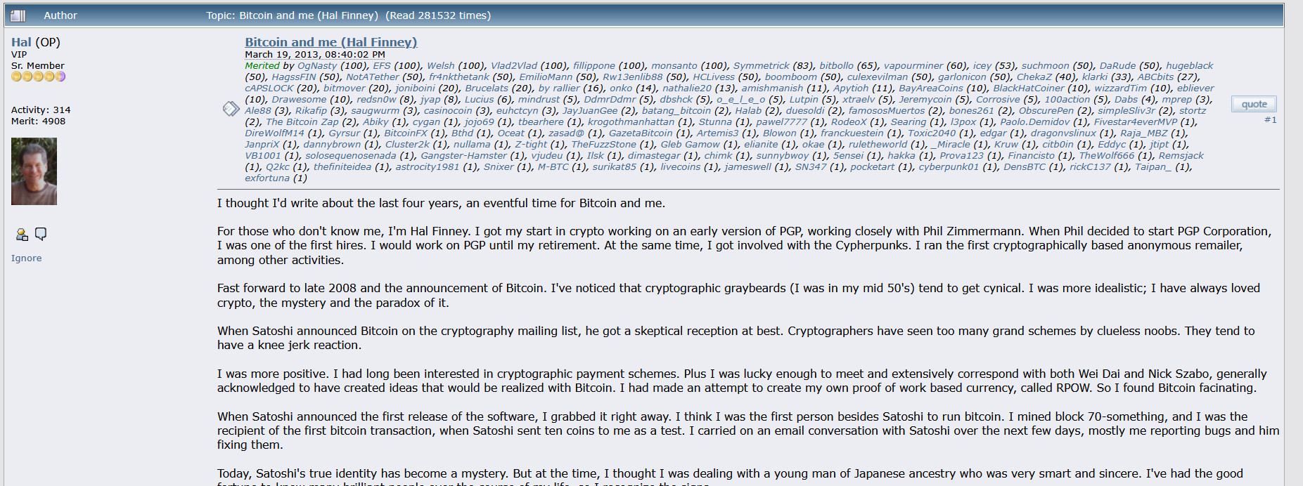 A screenshot of Hal Finney's famous Bitcoin and me thread on the BitcoinTalk forum dated March 19, 2013, where he reflects on working with Satoshi Nakamoto and running the early software, showcasing a milestone of bitcoin nostalgia.