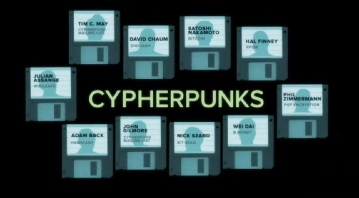 A collection of retro floppy disks featuring names of prominent cypherpunks like Satoshi Nakamoto, Tim May, and Hal Finney, highlighting a journey of bitcoin nostalgia and the underground history of digital privacy before the whitepaper.