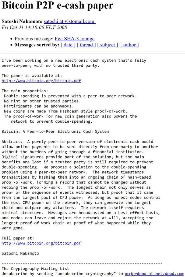 A screenshot of Satoshi Nakamoto's historic email on October 31, 2008, announcing the Bitcoin peer-to-peer electronic cash paper on the Cryptography Mailing List, a landmark moment in bitcoin nostalgia.