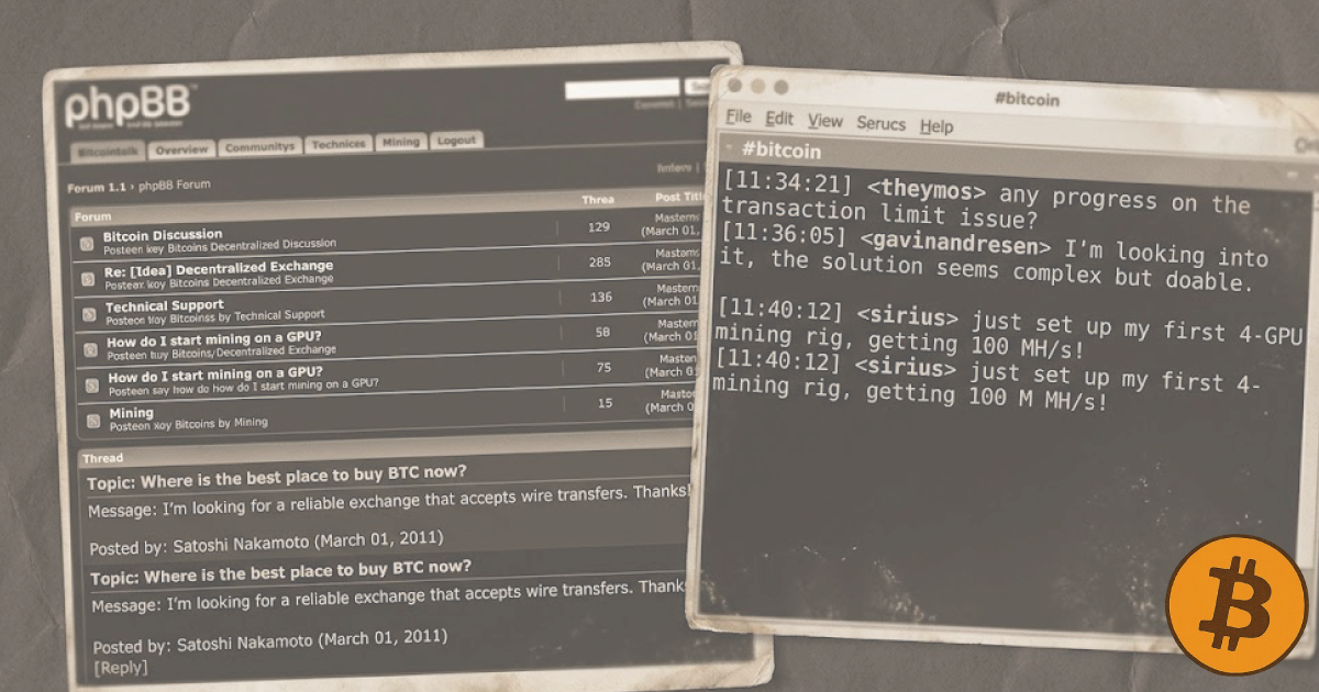A vintage-styled mockup of an early Bitcoin forum interface on phpBB showing a post by Satoshi Nakamoto alongside an IRC chat window with messages from theymos, gavinandresen, and sirius discussing early mining and transaction limits.