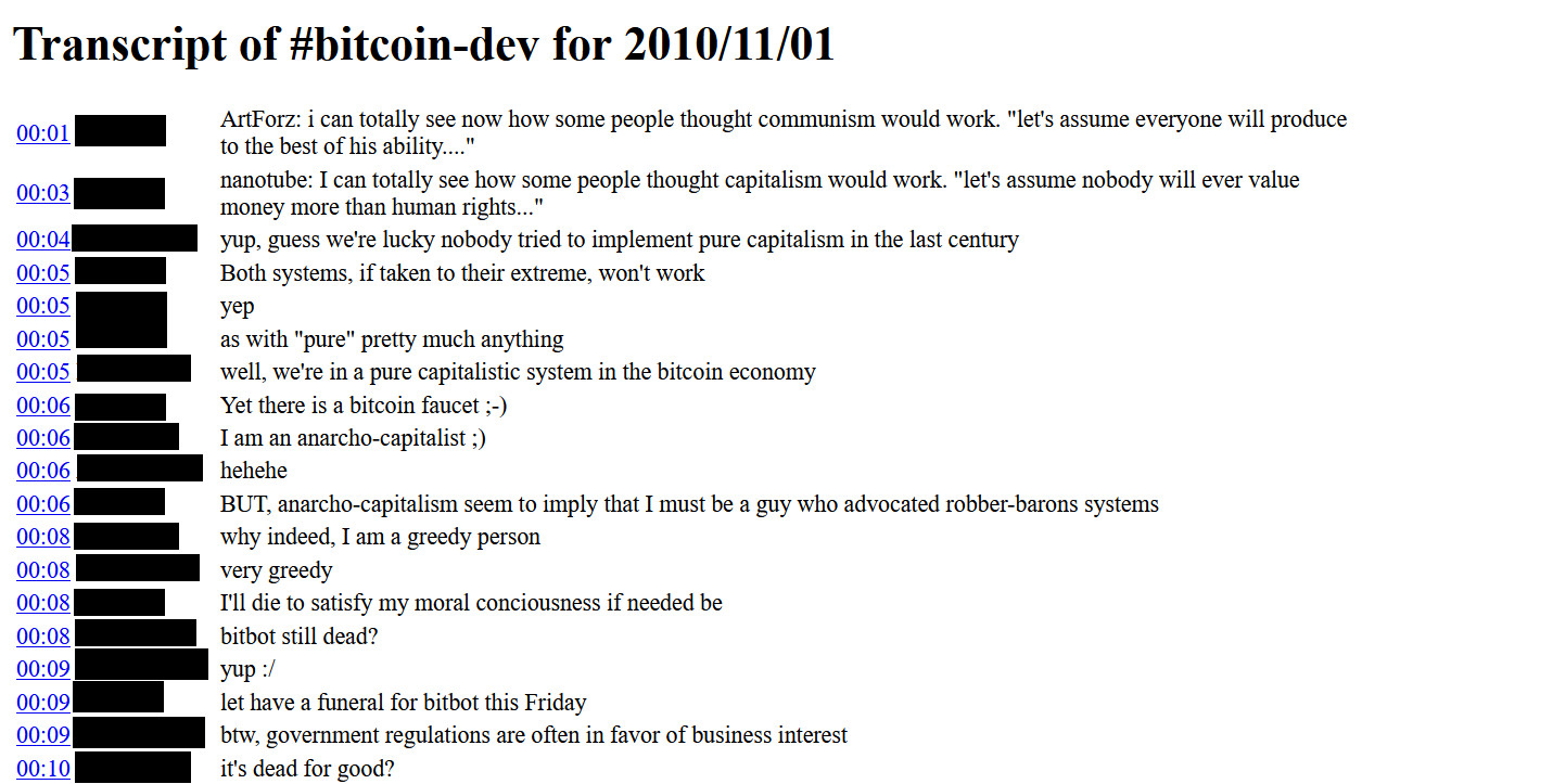 A screenshot of a text transcript from the #bitcoin-dev IRC channel dated November 1, 2010. The logs show early community members discussing capitalism, anarcho-capitalism, the bitcoin economy, and the status of bitbot.