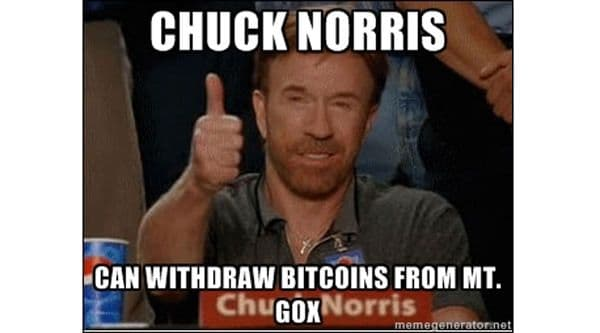 Chuck Norris giving a thumbs up in a Bitcoin meme with text about withdrawing bitcoins from Mt. Gox