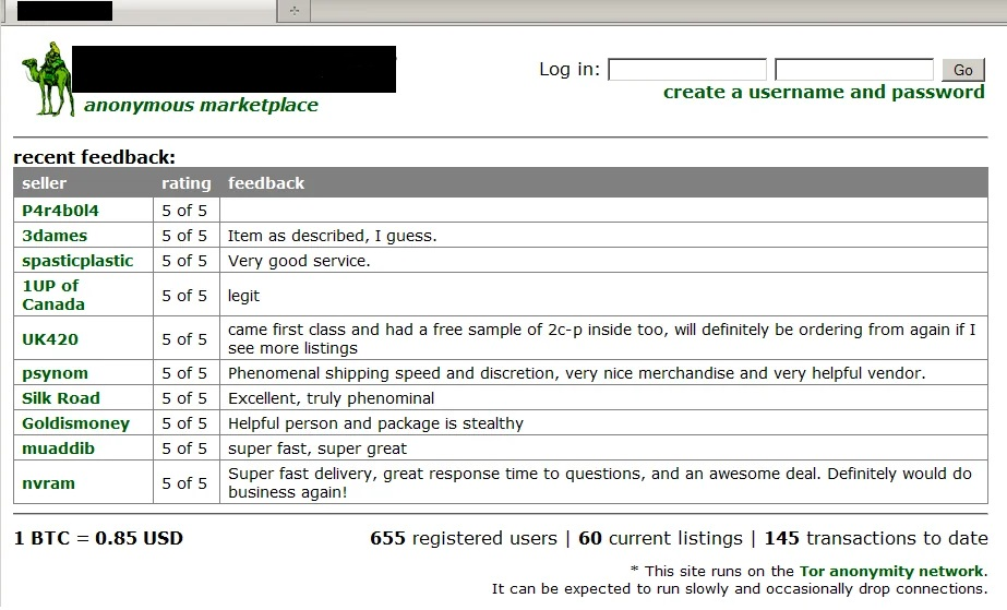 A historical screenshot of the Silk Road anonymous marketplace showing a Bitcoin price of 1 BTC = 0.85 USD and only 145 transactions to date, a key moment in bitcoin nostalgia.