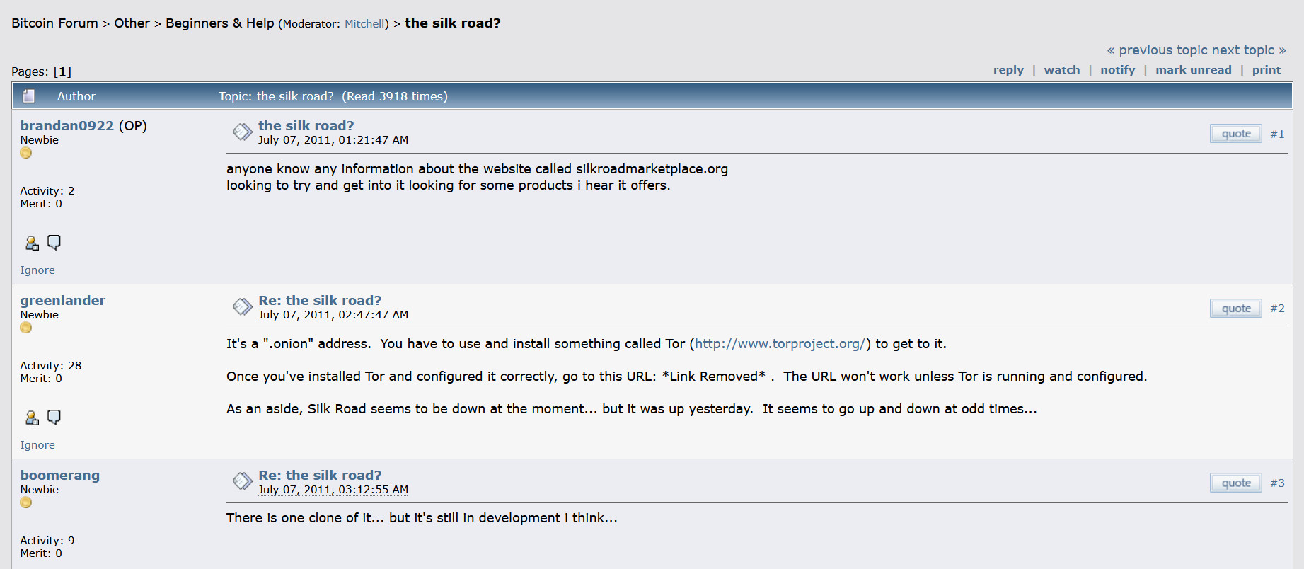 A historical screenshot of a July 2011 Bitcointalk.org forum post titled the silk road? where early users discuss accessing the marketplace via Tor, capturing a pivotal moment of bitcoin nostalgia.